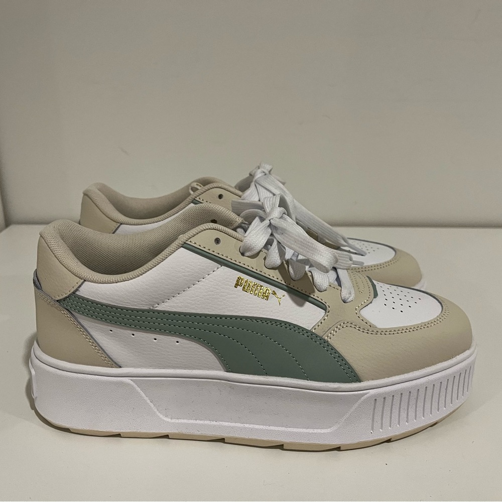 Puma Platform Sneakers in White, Sage Green, and Beige